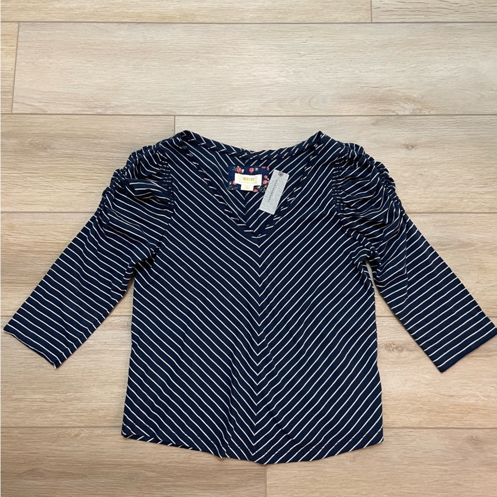 Maeve by Anthropologie Navy Striped V-Neck 3/4 sleeve top sz Petite Small NWT